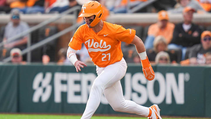 Tennessee catcher Stone Lawless (27) takes a step towards second base during a NCAA baseball game between Tennessee and Kent State at Lindsey Nelson Stadium in Knoxville, Tenn., on Feb. 21, 2026. Tennessee catcher Stone Lawless (27) takes a step towards second base during a NCAA baseball game between Tennessee and Kent State at Lindsey Nelson Stadium in Knoxville, Tenn., on Feb. 21, 2026.