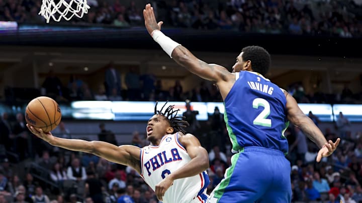 Mar 2, 2023; Dallas, Texas, USA;  Philadelphia 76ers guard Tyrese Maxey (0) shoots past Dallas