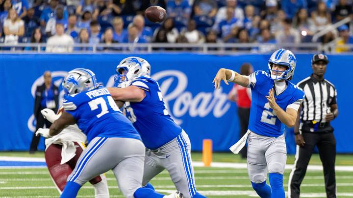 Aug 22, 2026; Detroit, Michigan, USA;  Detroit Lions quarterback Luke Altmyer (2) throws the ball against the Washington Commanders in the second half at Ford Field.  Mandatory Credit: David Reginek-Imagn Images