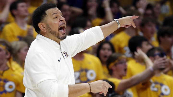 Nov 15, 2024; Pittsburgh, Pennsylvania, USA;  Pittsburgh Panthers head coach Jeff Capel reacts against the West Virginia Mountaineers during the first half at the Petersen Events Center. Mandatory Credit: Charles LeClaire-Imagn Images