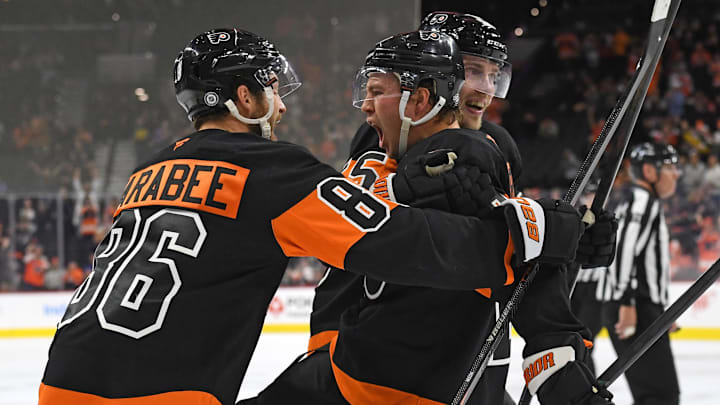 Oct 31, 2024; Philadelphia, Pennsylvania, USA; Philadelphia Flyers right wing Bobby Brink (10) celebrates his goal with left wing Joel Farabee (86) and defenseman Rasmus Ristolainen (55) against the St. Louis Blues during the third period at Wells Fargo Center. Mandatory Credit: Eric Hartline-Imagn Images