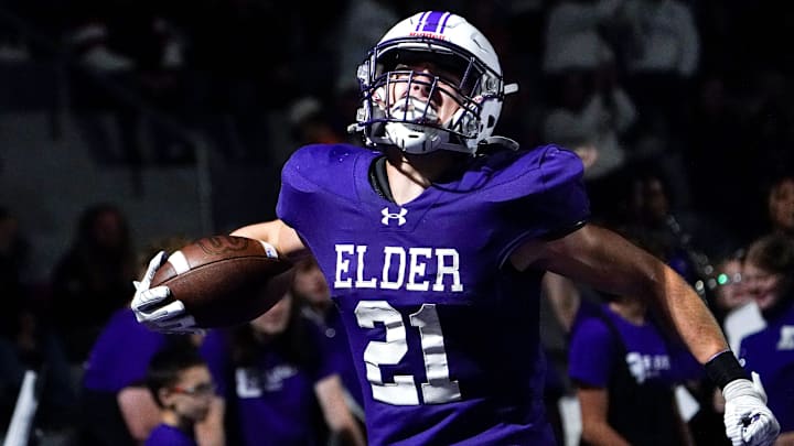 Elder Panthers running back celebrates after scoring a touchdown in the first half of a high school football game between the Elder Panthers and Highlands Bluebirds, Friday, Oct. 10, 2025, at The Pit in Cincinnati.