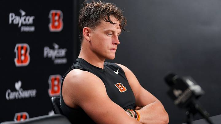 Cincinnati Bengals Joe Burrow takes questions from media during a press conference after practice at Paycor Stadium, Thursday, Aug. 20, 2026, in downtown Cincinnati.