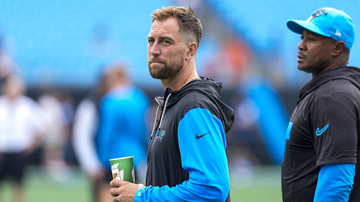 Sep 29, 2024; Charlotte, North Carolina, USA; Carolina Panthers wide receiver Adam Thielen (19) during pregame warm ups against the Cincinnati Bengals at Bank of America Stadium. Mandatory Credit: Jim Dedmon-Imagn Images