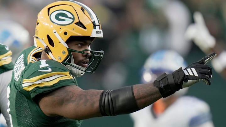 Green Bay Packers defensive end Micah Parsons (1) is shown after making a sack during the fourth quarter of their game Sunday, September 7, 2025, at Lambeau Field in Green Bay, Wisconsin. The Green Bay Packers beat the Detroit Lions 27-13.