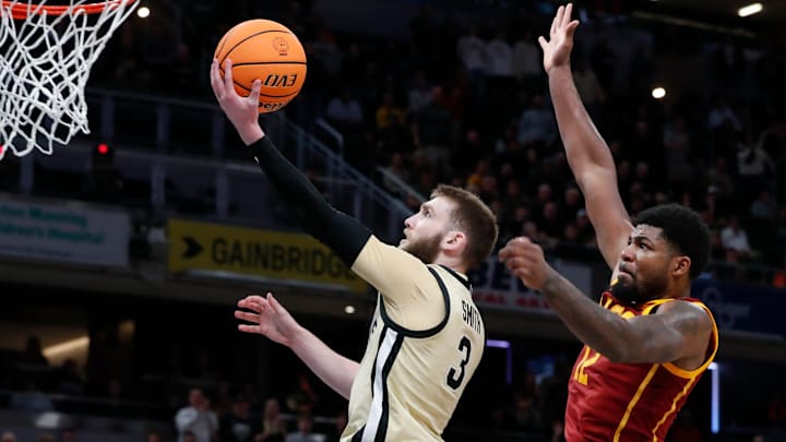 Purdue Boilermakers guard Braden Smith (3) shoots the ball past USC Trojans forward Rashaun Agee (12) 