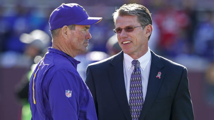Oct 18, 2015; Minneapolis, MN, USA; Minnesota Vikings head coach Mike Zimmer (L) speaks with general manager Rick Spielman (R) prior to their game against the Kansas City Chiefs at TCF Bank Stadium.
