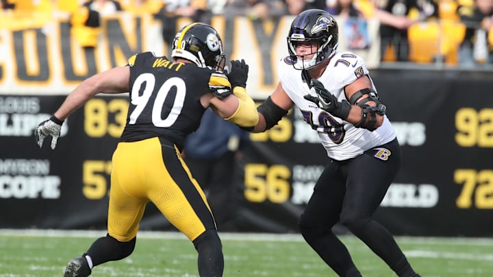 Nov 17, 2024; Pittsburgh, Pennsylvania, USA;  Baltimore Ravens offensive tackle Roger Rosengarten (70) blocks at the line of scrimmage against Pittsburgh Steelers linebacker T.J. Watt (90) during the second quarter at Acrisure Stadium. Mandatory Credit: Charles LeClaire-Imagn Images