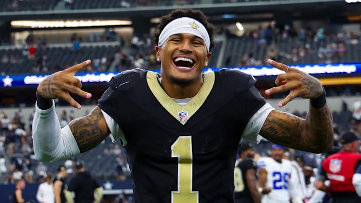 Sep 15, 2024; Arlington, Texas, USA; New Orleans Saints cornerback Alontae Taylor (1) reacts after the game against the Dallas Cowboys at AT&T Stadium. Mandatory Credit: Kevin Jairaj-Imagn Images Sep 15, 2024; Arlington, Texas, USA; New Orleans Saints cornerback Alontae Taylor (1) reacts after the game against the Dallas Cowboys at AT&T Stadium. Mandatory Credit: Kevin Jairaj-Imagn Images