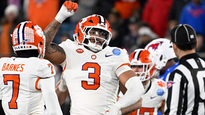 Clemson Tigers defensive end T.J. Parker reacts after a play during the second quarter against the Southern Methodist Mustangs in the 2024 ACC Championship game.