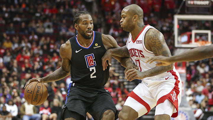 Nov 13, 2019; Houston, TX, USA; Los Angeles Clippers forward Kawhi Leonard (2) dribbles the ball as Houston Rockets forward PJ Tucker (17) defends during the second quarter at Toyota Center. Mandatory Credit: Troy Taormina-Imagn Images Nov 13, 2019; Houston, TX, USA; Los Angeles Clippers forward Kawhi Leonard (2) dribbles the ball as Houston Rockets forward PJ Tucker (17) defends during the second quarter at Toyota Center. Mandatory Credit: Troy Taormina-Imagn Images