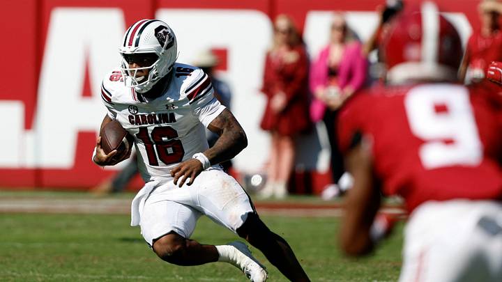 Oct 12, 2024; Tuscaloosa, Alabama, USA; South Carolina Gamecocks quarterback LaNorris Sellers (16) scrambles for a first down against the Alabama Crimson Tide during the second half at Bryant-Denny Stadium. Mandatory Credit: Butch Dill-Imagn Images Oct 12, 2024; Tuscaloosa, Alabama, USA; South Carolina Gamecocks quarterback LaNorris Sellers (16) scrambles for a first down against the Alabama Crimson Tide during the second half at Bryant-Denny Stadium. Mandatory Credit: Butch Dill-Imagn Images