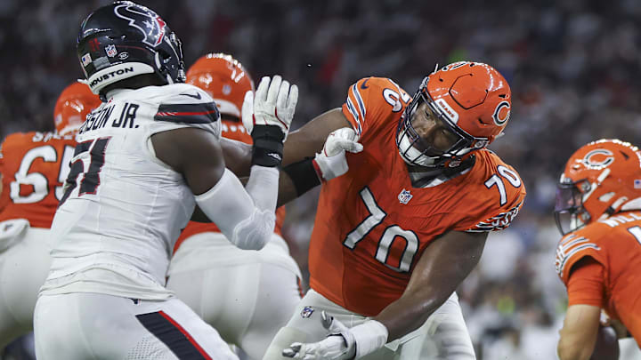 Sep 15, 2024; Houston, Texas, USA; Chicago Bears offensive tackle Braxton Jones (70) defends against Houston Texans defensive end Will Anderson Jr. (51) during the game at NRG Stadium.