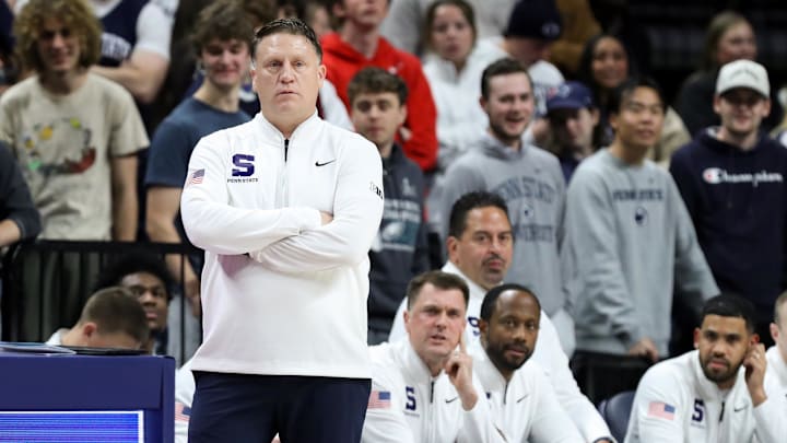 Nov 11, 2025; University Park, Pennsylvania, USA; Penn State Nittany Lions head coach Mike Rhoades looks on from the bench during the first half against the Navy Midshipmen at Bryce Jordan Center. Mandatory Credit: Matthew O'Haren-Imagn Images