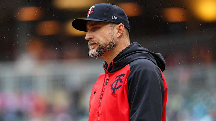 May 21, 2025; Minneapolis, Minnesota, USA; Minnesota Twins manager Rocco Baldelli (5) looks on before the first game of a doubleheader against the Cleveland Guardians at Target Field.
