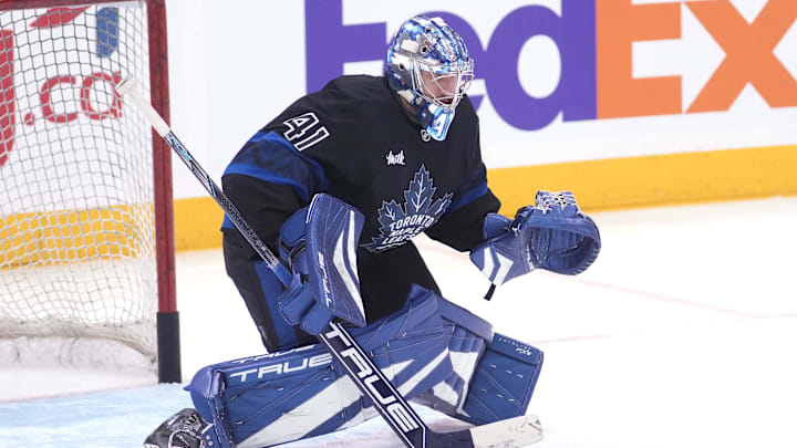Dec 2, 2024; Toronto, Ontario, CAN; Toronto Maple Leafs goaltender Anthony Stolarz (41) goes to make a save during warm up before a game against the Chicago Blackhawks at Scotiabank Arena. Mandatory Credit: John E. Sokolowski-Imagn Images