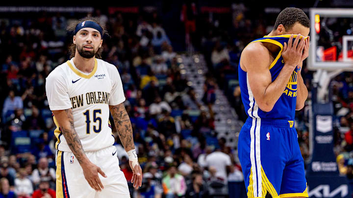 Mar 28, 2025; New Orleans, Louisiana, USA; New Orleans Pelicans guard Jose Alvarado (15) and Golden State Warriors guard Stephen Curry (30) after a play during the first half at Smoothie King Center. Mandatory Credit: Stephen Lew-Imagn Images Mar 28, 2025; New Orleans, Louisiana, USA; New Orleans Pelicans guard Jose Alvarado (15) and Golden State Warriors guard Stephen Curry (30) after a play during the first half at Smoothie King Center. Mandatory Credit: Stephen Lew-Imagn Images