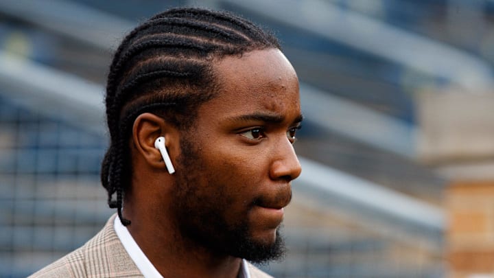 Notre Dame cornerback Benjamin Morrison walks onto the field before a NCAA college football game against Virginia at Notre Dame Stadium on Saturday, Nov. 16, 2024, in South Bend.