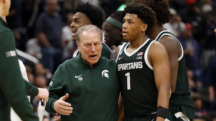 Mar 27, 2026; Washington, DC, USA; Michigan State Spartans head coach Tom Izzo talks with guard Jeremy Fears Jr. (1) in the second half during a Sweet Sixteen game of the East Regional of the men's 2026 NCAA Tournament at Capital One Arena. Mandatory Credit: Geoff Burke-Imagn Images Mar 27, 2026; Washington, DC, USA; Michigan State Spartans head coach Tom Izzo talks with guard Jeremy Fears Jr. (1) in the second half during a Sweet Sixteen game of the East Regional of the men's 2026 NCAA Tournament at Capital One Arena. Mandatory Credit: Geoff Burke-Imagn Images