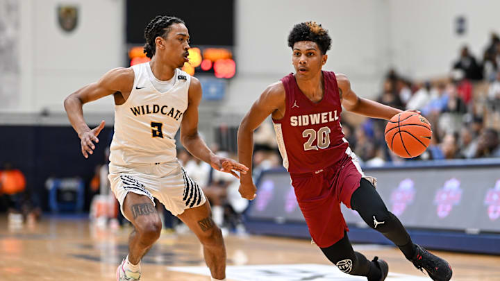 Apr 8, 2023; Washington, DC, USA; Sidwell Friends (DC) guard Acaden Lewis (20) dribbles past Wheeler (GA) guard Damion Mitchell Jr (2) during the third quarter at Georgetown University. Mandatory Credit: Reggie Hildred-USA TODAY Sports