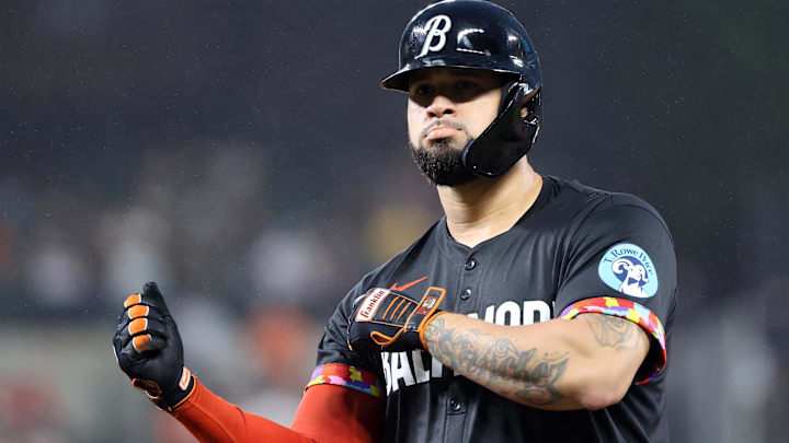 Jun 27, 2025; Baltimore, Maryland, USA; Baltimore Orioles catcher Gary Sanchez (99) celebrates after hitting a single during the third inning against the Tampa Bay Rays at Oriole Park at Camden Yards. Mandatory Credit: Daniel Kucin Jr.-Imagn Images