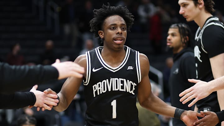 Feb 19, 2025; Washington, District of Columbia, USA; Providence Friars guard Jayden Pierre (1) is introduced before a game against the Georgetown Hoyas at Capital One Arena. Mandatory Credit: Daniel Kucin Jr.-Imagn Images