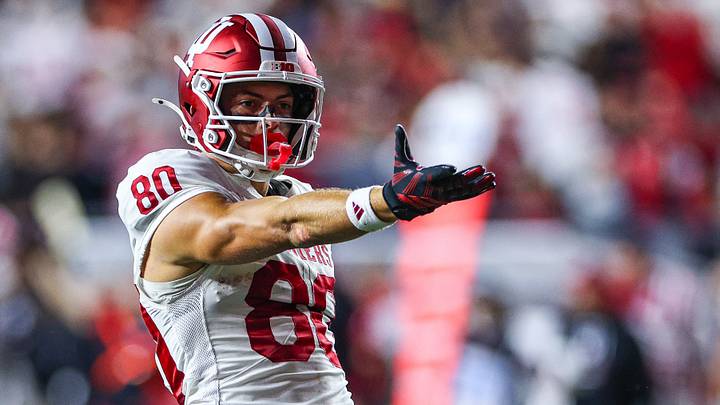 Oct 3, 2026; Piscataway, New Jersey, USA; Indiana Hoosiers wide receiver Charlie Becker (80) celebrates after a touchdown reception against the Rutgers Scarlet Knights during the second half at SHI Stadium. Mandatory Credit: Vincent Carchietta-Imagn Images Oct 3, 2026; Piscataway, New Jersey, USA; Indiana Hoosiers wide receiver Charlie Becker (80) celebrates after a touchdown reception against the Rutgers Scarlet Knights during the second half at SHI Stadium. Mandatory Credit: Vincent Carchietta-Imagn Images