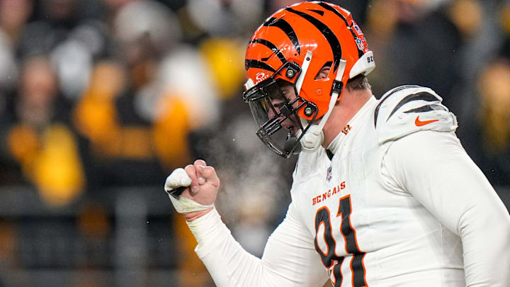 Cincinnati Bengals defensive end Trey Hendrickson (91) celebrates as the Steelers prepare to punt in the fourth quarter of the NFL Week 18 game between the Pittsburgh Steelers and the Cincinnati Bengals at Acrisure Stadium in Pittsburgh on Saturday, Jan. 4, 2025. The Bengals won 19-17 to finish the regular season at 9-8.