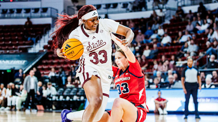 Mississippi State senior Kharyssa Richardson dribbles down court against Samford in Sunday's win at Humphrey Coliseum.