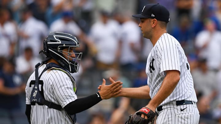 Aug 21, 2022; Bronx, New York, USA; New York Yankees relief pitcher Lou Trivino (58) celebrates his