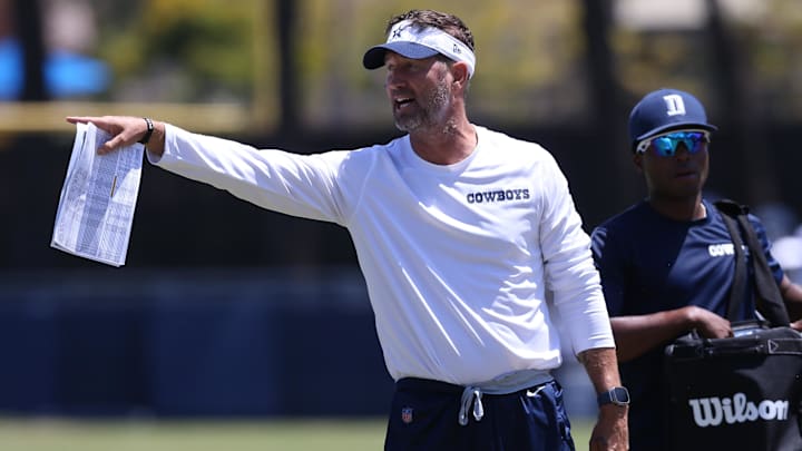 Dallas Cowboys offensive coordinator Brian Schottenheimer during training camp at the River Ridge Playing Fields in Oxnard, California. 