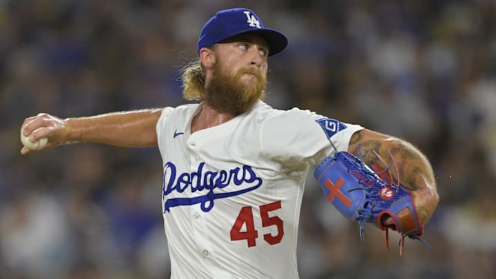 Jun 16, 2025; Los Angeles, California, USA;  Los Angeles Dodgers relief pitcher Michael Kopech (45) delivers to the plate in the seventh inning against the San Diego Padres at Dodger Stadium. Mandatory Credit: Jayne Kamin-Oncea-Imagn Images