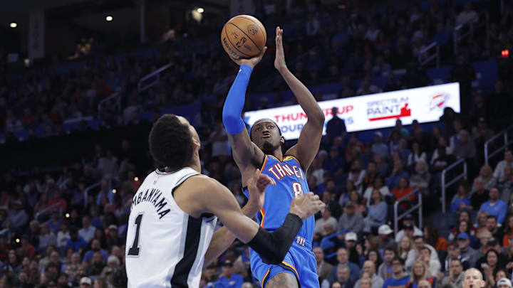 Jan 13, 2026; Oklahoma City, Oklahoma, USA; Oklahoma City Thunder guard/forward Jalen Williams (8) shoots over San Antonio Spurs forward/center Victor Wembanyama (1) during the second half at Paycom Center. Mandatory Credit: Alonzo Adams-Imagn Images Jan 13, 2026; Oklahoma City, Oklahoma, USA; Oklahoma City Thunder guard/forward Jalen Williams (8) shoots over San Antonio Spurs forward/center Victor Wembanyama (1) during the second half at Paycom Center. Mandatory Credit: Alonzo Adams-Imagn Images