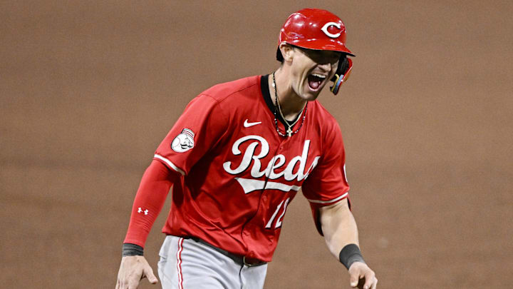 Sep 8, 2025; San Diego, California, USA; Cincinnati Reds left fielder Austin Hays (12) celebrates after hitting a solo home run during the sixth inning against the San Diego Padres at Petco Park. Mandatory Credit: Denis Poroy-Imagn Images