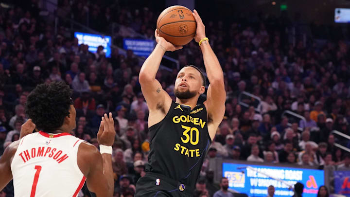 Nov 26, 2025; San Francisco, California, USA;  Golden State Warriors guard Stephen Curry (30) shoots a jumpshot 