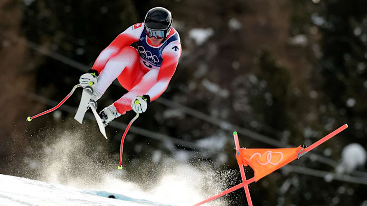 Franjo von Allmen of Switzerland competes in the men's downhill alpine skiing race in the 2026 Winter Olympics.