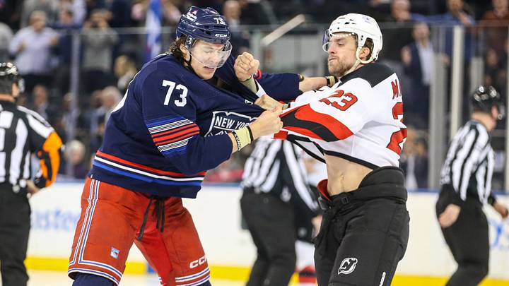 New York Rangers center Matt Rempe (73) and New Jersey Devils defenseman Kurtis MacDermid (23) fight at start of the 1st period at Madison Square Garden. Mandatory Credit: Wendell Cruz-USA TODAY Sports New York Rangers center Matt Rempe (73) and New Jersey Devils defenseman Kurtis MacDermid (23) fight at start of the 1st period at Madison Square Garden. Mandatory Credit: Wendell Cruz-USA TODAY Sports