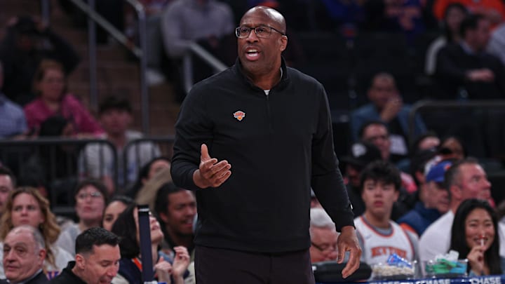 Mar 22, 2026; New York, New York, USA; New York Knicks head coach Mike Brown reacts during the first half against the Washington Wizards at Madison Square Garden. Mandatory Credit: Vincent Carchietta-Imagn Images