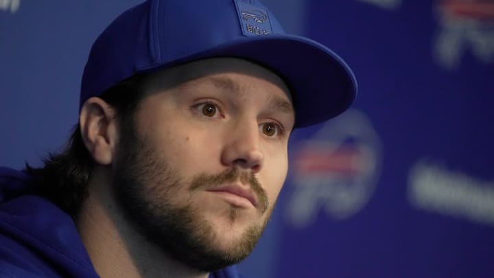 Bills quarterback Josh Allen answers a range of questions at the press conference introducing Joe Brady as the new head coach. Bills quarterback Josh Allen answers a range of questions at the press conference introducing Joe Brady as the new head coach.