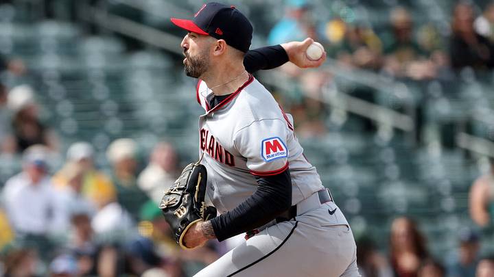 May 2, 2026: Cleveland Guardians pitcher Colin Holderman (35) throws a pitch against the Athletics during the ninth inning at Sutter Health Park. Credit: Dennis Lee-Imagn Images