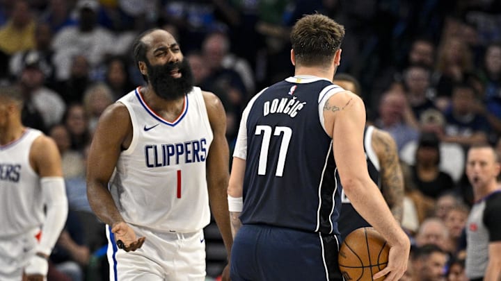 LA Clippers guard James Harden (1) reacts to being called for a foul on Dallas Mavericks guard Luka Doncic (77) during the 2024 NBA playoffs at the American Airlines Center. 