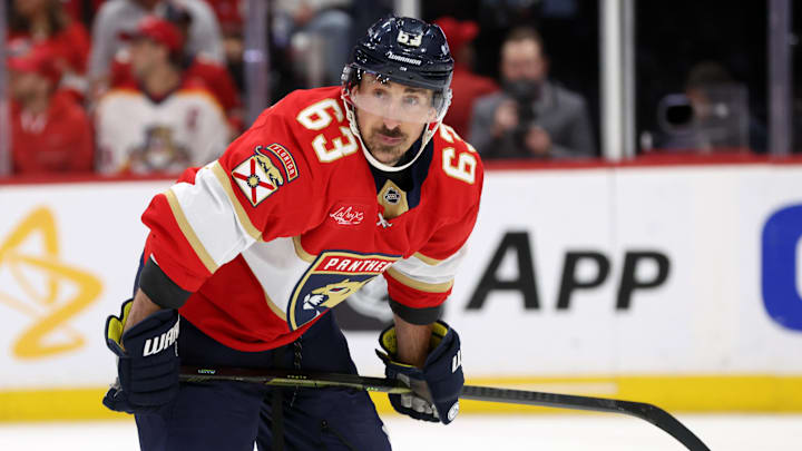 May 11, 2025; Sunrise, Florida, USA; Florida Panthers center Brad Marchand (63) skates against the Toronto Maple Leafs during the second period in game four of the second round of the 2025 Stanley Cup Playoffs at Amerant Bank Arena. Mandatory Credit: Kim Klement Neitzel-Imagn Images