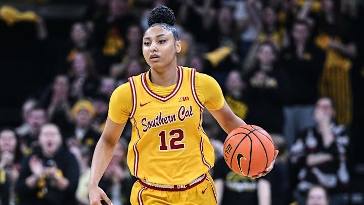 Feb 2, 2025; Iowa City, Iowa, USA; USC Trojans guard JuJu Watkins (12) in action during the game against the Iowa Hawkeyes at Carver-Hawkeye Arena. Mandatory Credit: Jeffrey Becker-Imagn Images