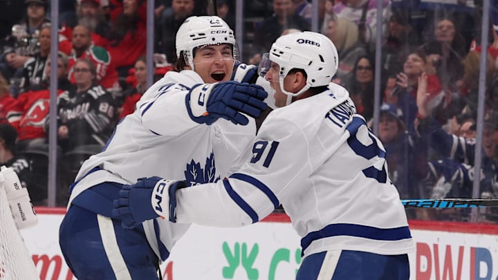 Mar 4, 2026; Newark, New Jersey, USA; Toronto Maple Leafs left wing Matthew Knies (23) celebrates his goal against the New Jersey Devils during the third period at Prudential Center. Mandatory Credit: Ed Mulholland-Imagn Images