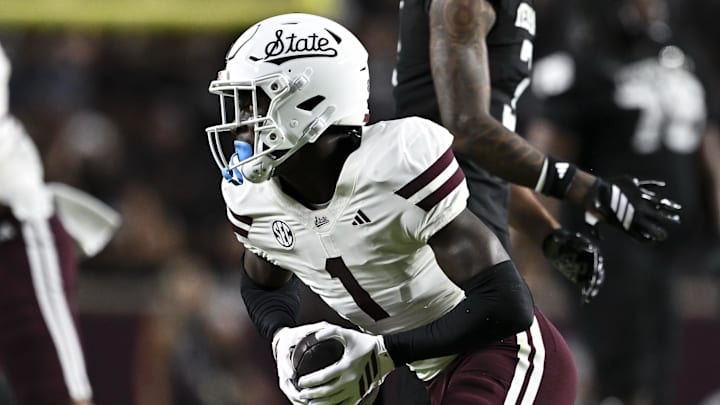 Oct 4, 2025; College Station, Texas, USA; Mississippi State Bulldogs cornerback Kelley Jones (1) runs the ball after catching an interception during the second quarter against the Texas A&M Aggies at Kyle Field. Mandatory Credit: Maria Lysaker-Imagn Images Oct 4, 2025; College Station, Texas, USA; Mississippi State Bulldogs cornerback Kelley Jones (1) runs the ball after catching an interception during the second quarter against the Texas A&M Aggies at Kyle Field. Mandatory Credit: Maria Lysaker-Imagn Images