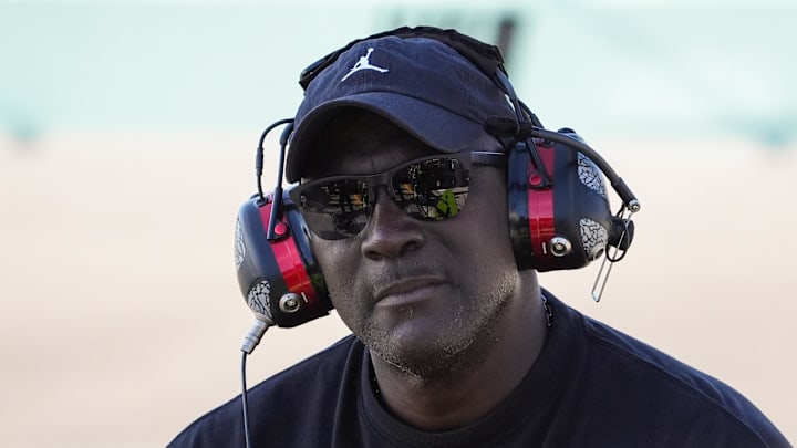 Oct 27, 2024; Homestead, Florida, USA; 23XI team owner Michael Jordan watches during the Straight Talk Wireless 400 at Homestead-Miami Speedway. Mandatory Credit: Jasen Vinlove-Imagn Images