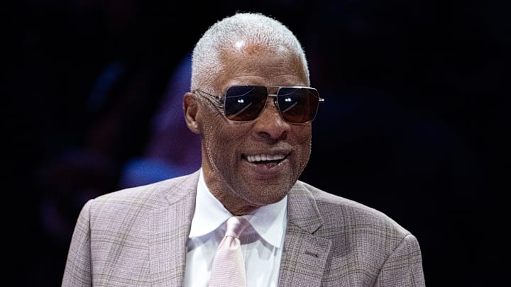 December 9, 2023; Las Vegas, Nevada, USA; NBA former player Julius Erving before the in-season tournament championship at T-Mobile Arena. Mandatory Credit: Kyle Terada-Imagn Images December 9, 2023; Las Vegas, Nevada, USA; NBA former player Julius Erving before the in-season tournament championship at T-Mobile Arena. Mandatory Credit: Kyle Terada-Imagn Images