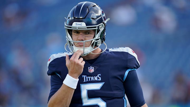 Tennessee Titans quarterback Logan Woodside (5) warms up before an NFL preseason game against the Arizona Cardinals at Nissan Stadium Saturday, Aug. 27, 2022, in Nashville, Tenn.