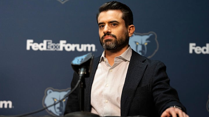 Zach Kleiman, Grizzlies president and general manager of basketball operations, listens during a press conference to introduce the team’s 2024 NBA Draft picks at FedExForum on Friday, June 28, 2024.
