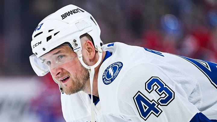 Apr 26, 2026; Montreal, Quebec, CAN; Tampa Bay Lightning defenseman Darren Raddysh (43) looks on during warm-up before the game against the Montreal Canadiens in game four of the first round of the 2026 Stanley Cup Playoffs at Bell Centre. Mandatory Credit: David Kirouac-Imagn Images